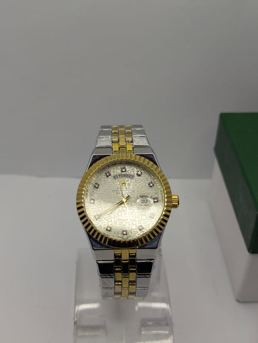 Premium Two-Tone Day-Date Men’s Textured Dial Watch – Fluted Bezel & Steel Bracelet with Luxury Box