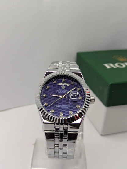 Rlx Premium Dial Day-Date Men’s Watch – Fluted Bezel & Steel Bracelet with Luxury Box