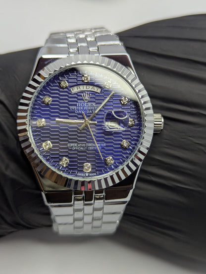 Rlx Premium Dial Day-Date Men’s Watch – Fluted Bezel & Steel Bracelet with Luxury Box