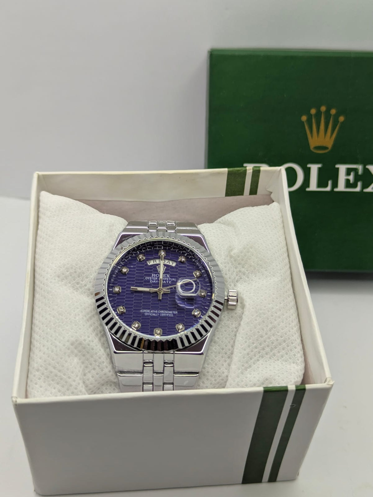 Rlx Premium Dial Day-Date Men’s Watch – Fluted Bezel & Steel Bracelet with Luxury Box